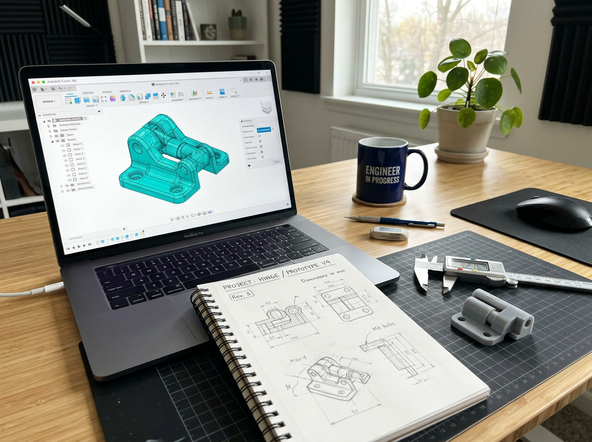 CAD model on a laptop next to sketches and a finished 3D printed part