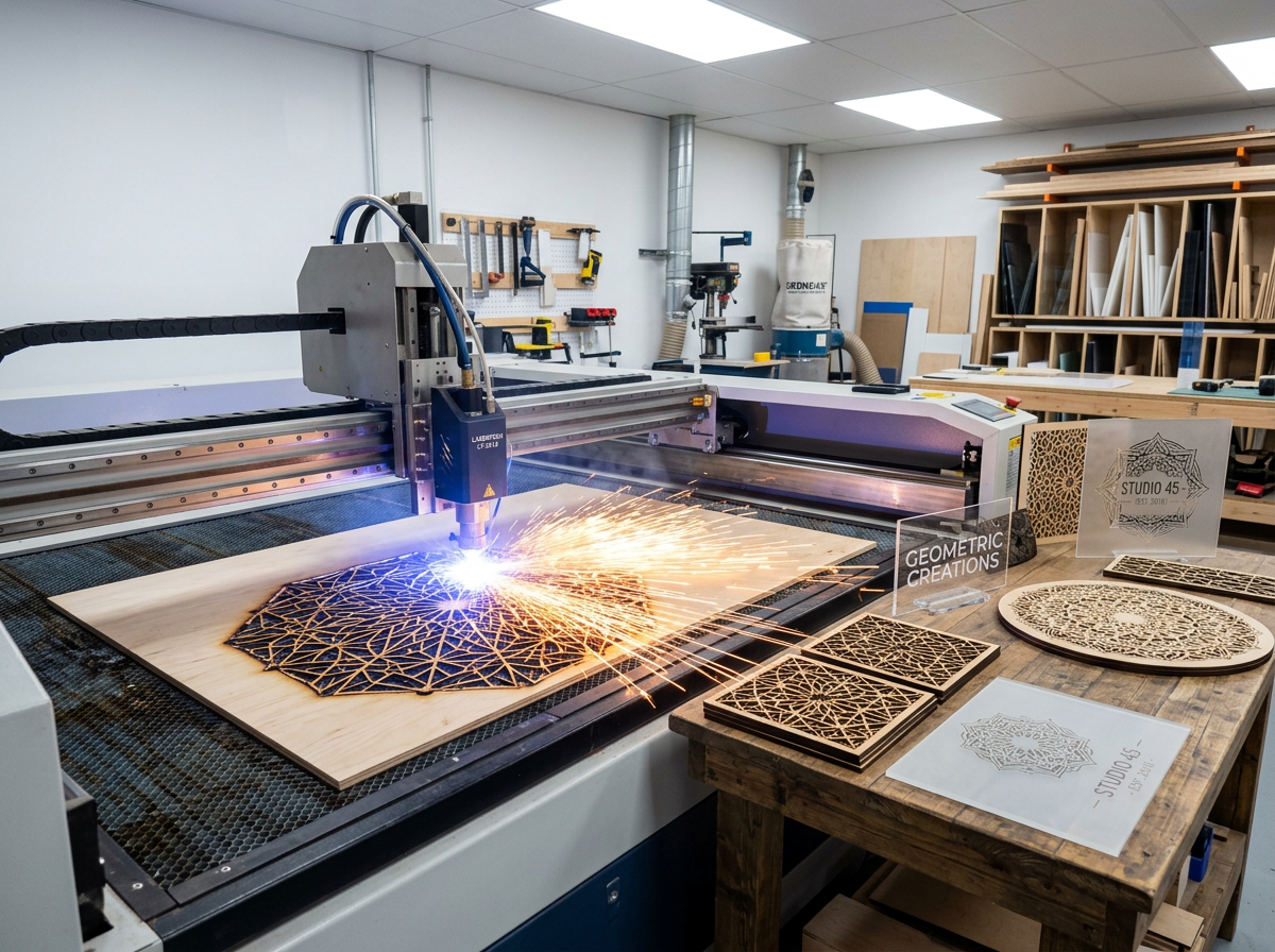 Laser cutter cutting a geometric pattern into a wooden sheet